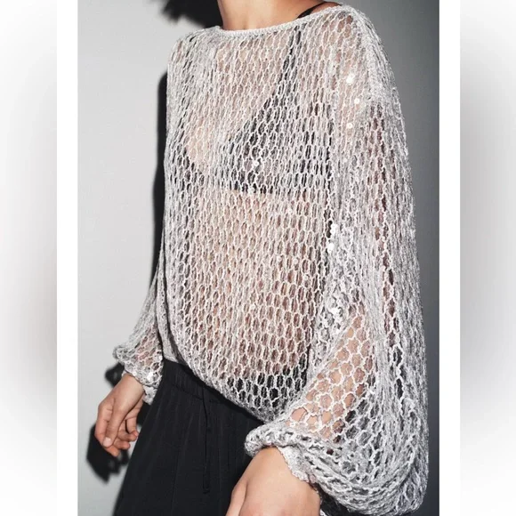 TREND NWT ZARA SILVER VIRAL sequin top M 
🚨 My prices are firm, no discount. - Picture 13 of 16